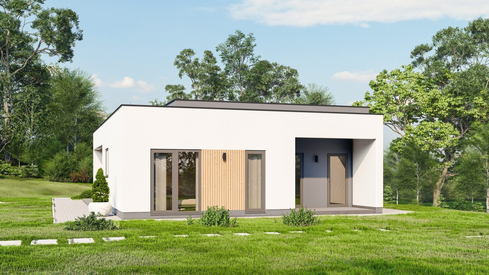 Проект одноэтажного дома с террасой Flat-02-158 м² — Домострой