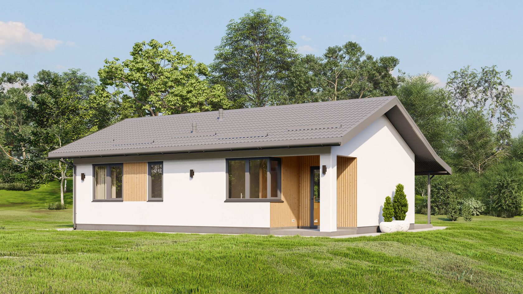 Проект одноэтажного дома с террасой Milan-93 м² из газоблока — Домострой