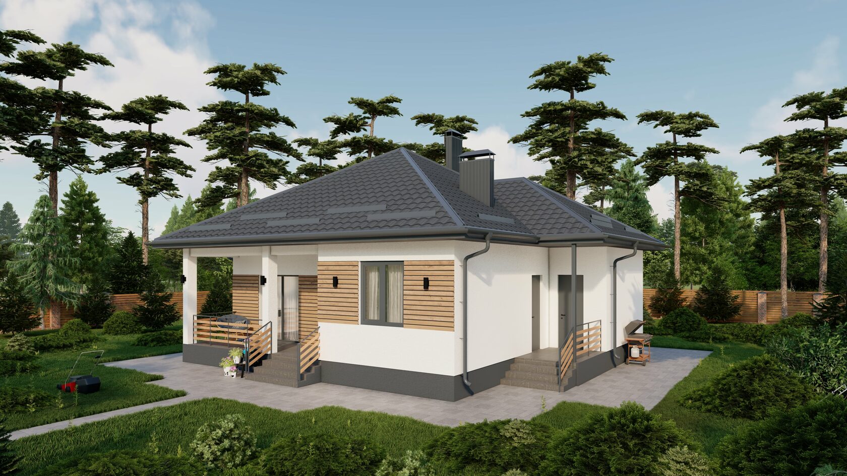 Проект одноэтажного дома с террасой Bungalo-95 м² из газоблока — Домострой